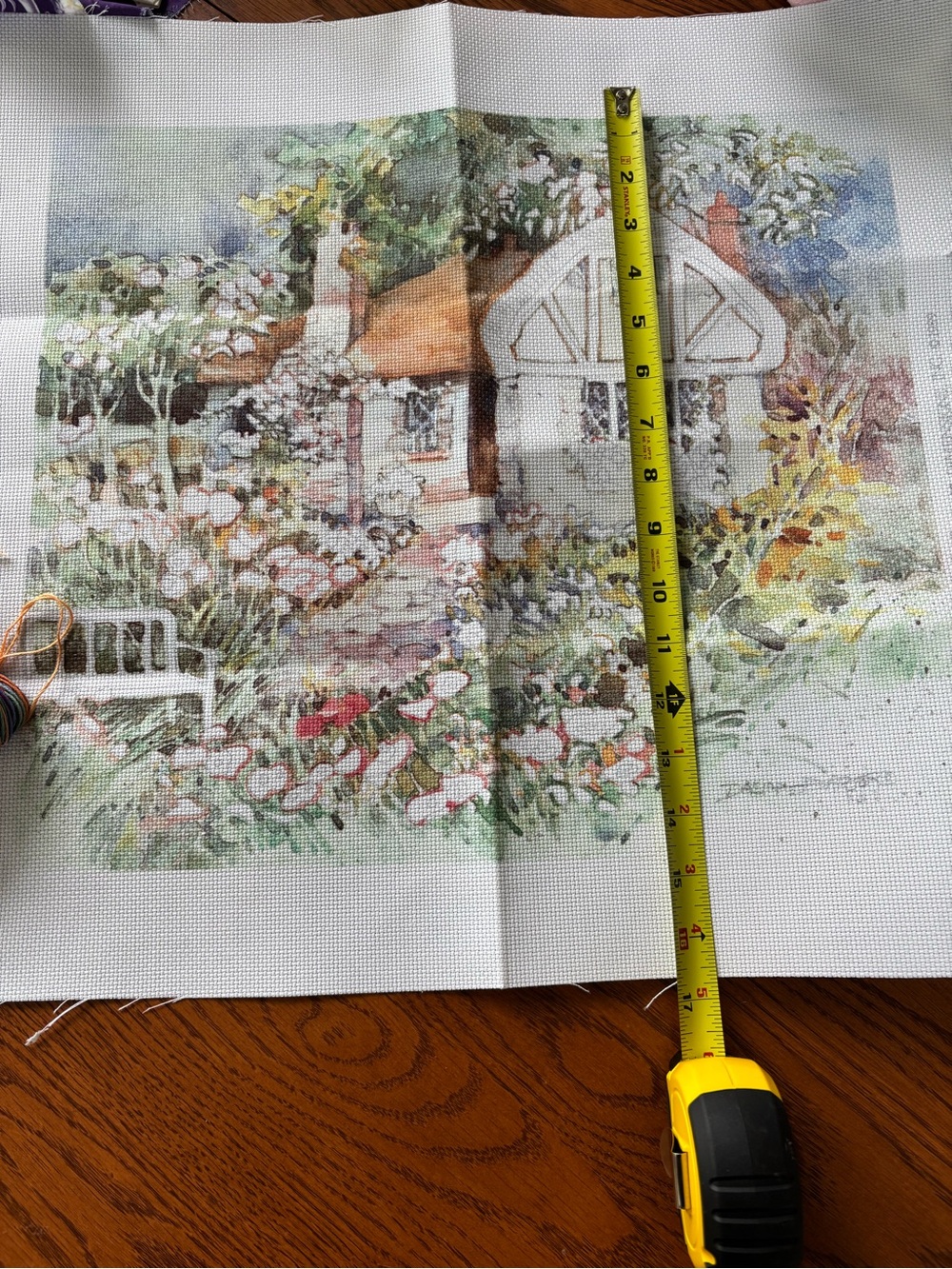 Watercolor Cottage Cross Stitch Canvas in Floral Colors